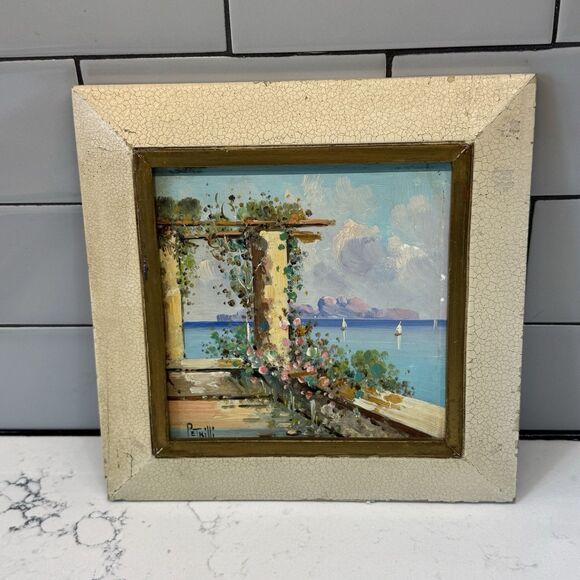 Vintage Enzo Petrilli 6″ Oil Painting on Tile – Italian Seaside Café (Framed) - Picture 10 of 16